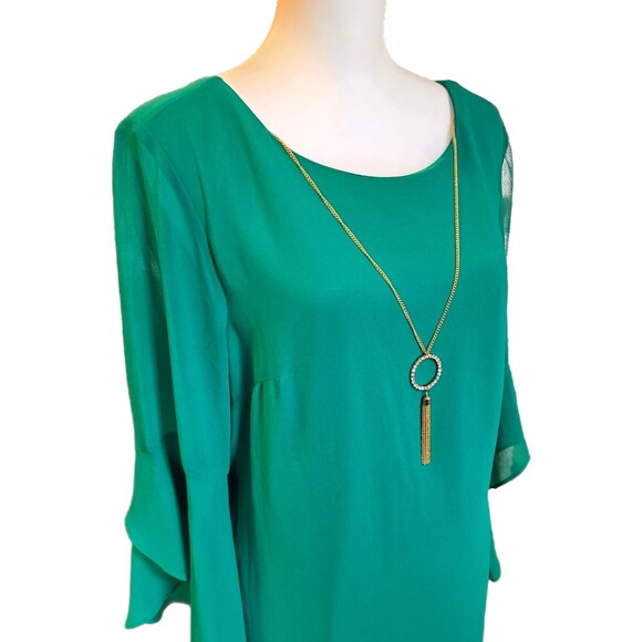 Thalia Sodi NWT Emerald Green Bell Sleeve Shift Dress & Necklace, Size L (12-14) - Picture 2 of 7